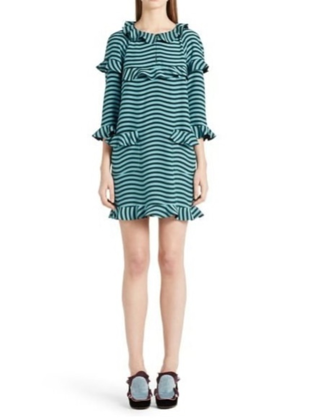 Fendi Teal and Green Striped Hypnotic Ruffle Dress 100% Silk Sz 38 Authentic